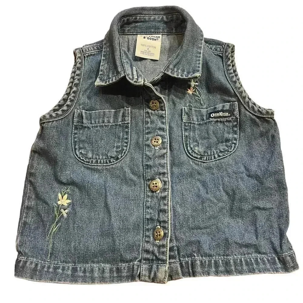 Vintage OshKosh B'gosh Girls Denim Vest Size 4 Embroidered Flowers Floral Casual